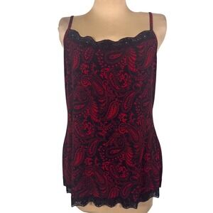 Vtg Y2K Woman's Black Red Paisley Lace Trim Cami Tank Top